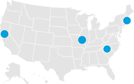 Map of United States with blue dots marking Kaspick locations